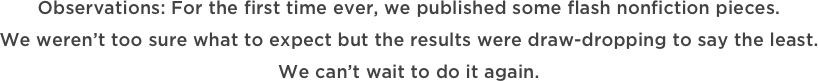 Observations: For the first time ever, we published some flash nonfiction pieces.  We weren’t too sure what to expect but the results were draw-dropping to say the least.  We can’t wait to do it again.